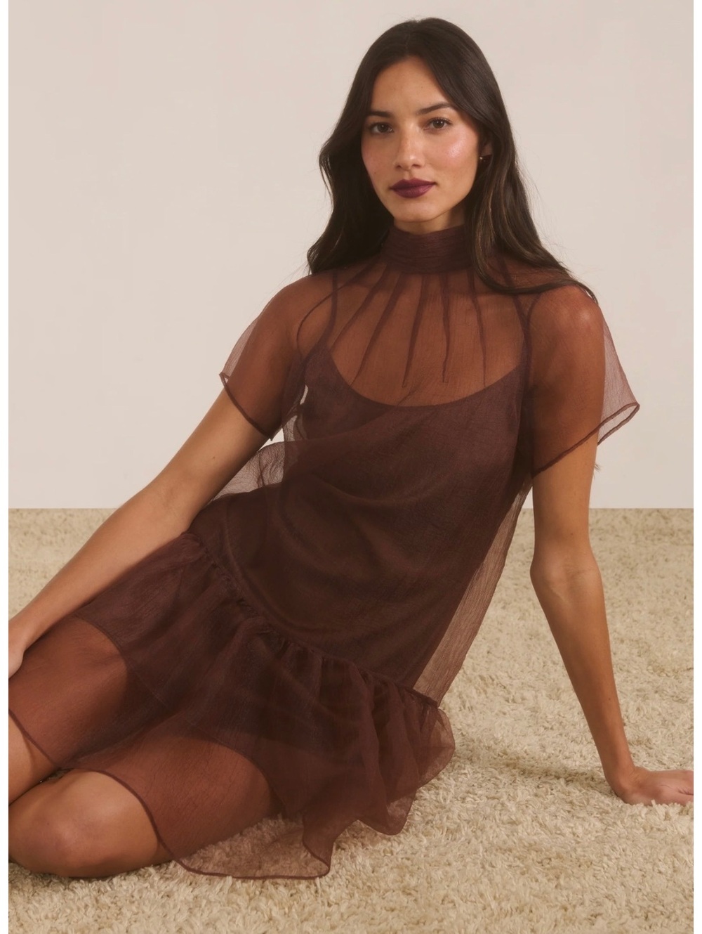 NWT o.p.t By Few Moda Joni Mini Sheer Dress Bow Detail Size Medium Dark Marron